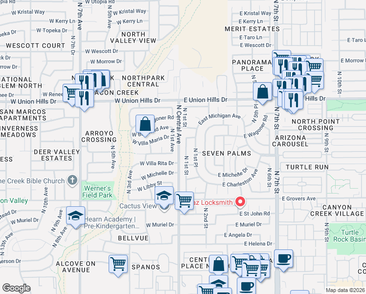 map of restaurants, bars, coffee shops, grocery stores, and more near 18204 North 1st Street in Phoenix
