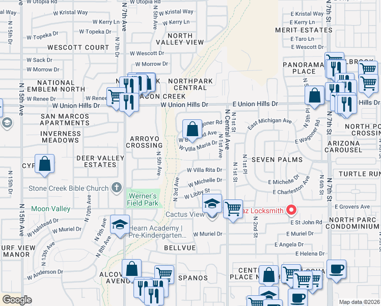 map of restaurants, bars, coffee shops, grocery stores, and more near 208 West Michigan Avenue in Phoenix