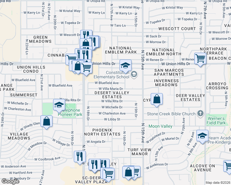 map of restaurants, bars, coffee shops, grocery stores, and more near 1633 West Michigan Avenue in Phoenix