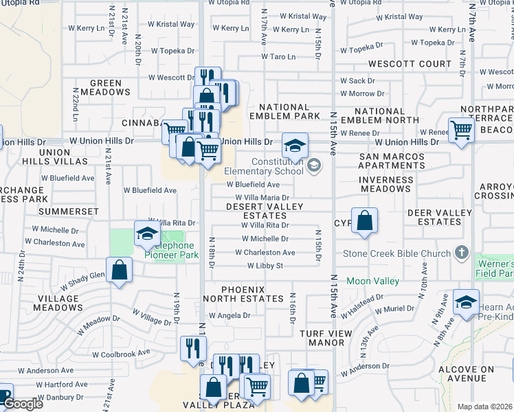 map of restaurants, bars, coffee shops, grocery stores, and more near 1715 West Michigan Avenue in Phoenix