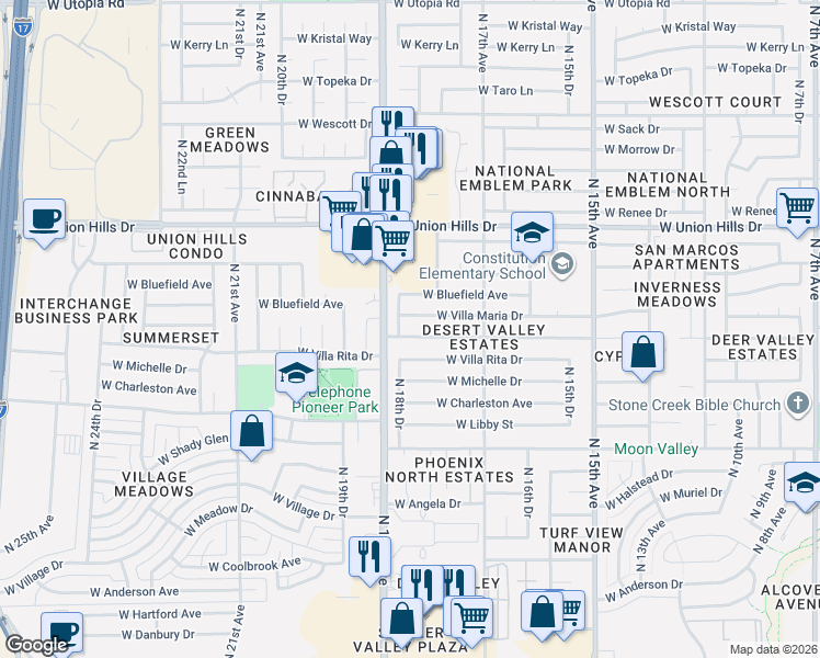 map of restaurants, bars, coffee shops, grocery stores, and more near 1801 West Michigan Avenue in Phoenix