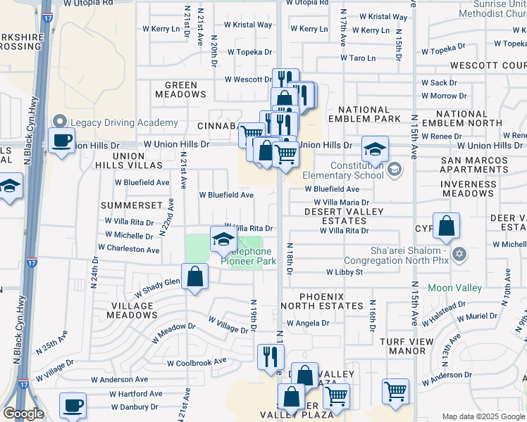 map of restaurants, bars, coffee shops, grocery stores, and more near 18039 North 19th Lane in Phoenix