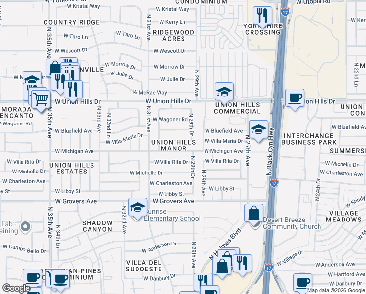 map of restaurants, bars, coffee shops, grocery stores, and more near 2953 West Michigan Avenue in Phoenix