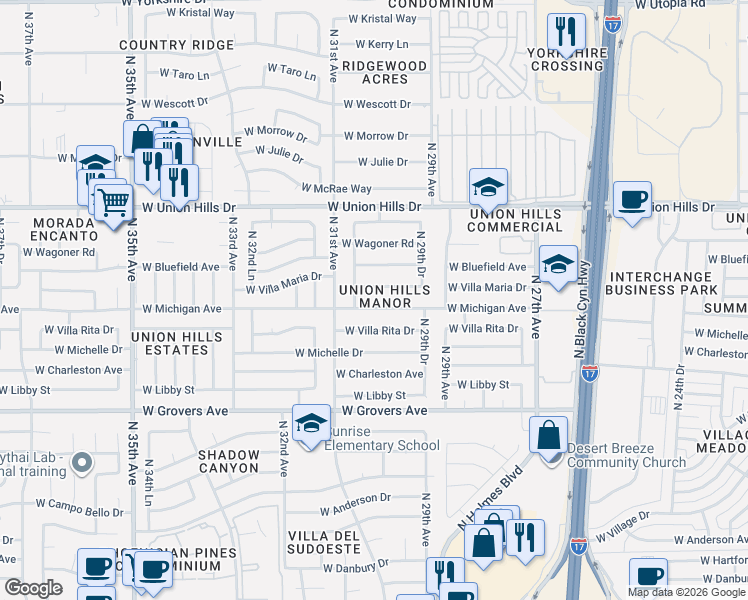 map of restaurants, bars, coffee shops, grocery stores, and more near 2953 West Michigan Avenue in Phoenix