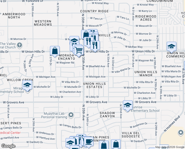 map of restaurants, bars, coffee shops, grocery stores, and more near 18201 North 34th Drive in Phoenix