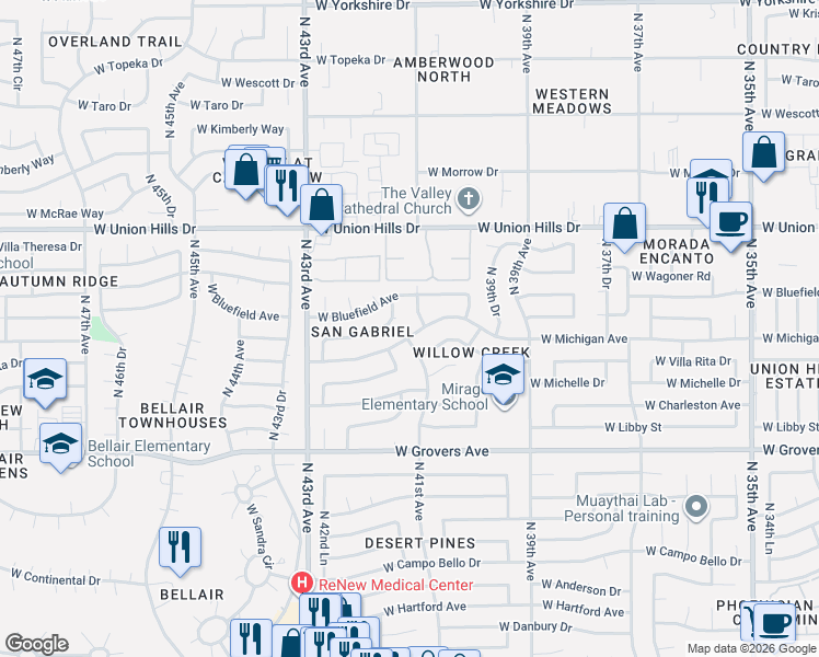 map of restaurants, bars, coffee shops, grocery stores, and more near 4079 West Michigan Avenue in Glendale