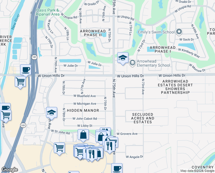 map of restaurants, bars, coffee shops, grocery stores, and more near 7513 West Wagoner Road in Glendale