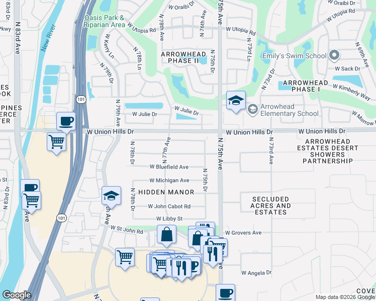 map of restaurants, bars, coffee shops, grocery stores, and more near 7547 West Wagoner Road in Glendale