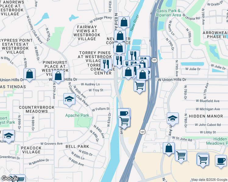 map of restaurants, bars, coffee shops, grocery stores, and more near 18430 North 83rd Drive in Peoria