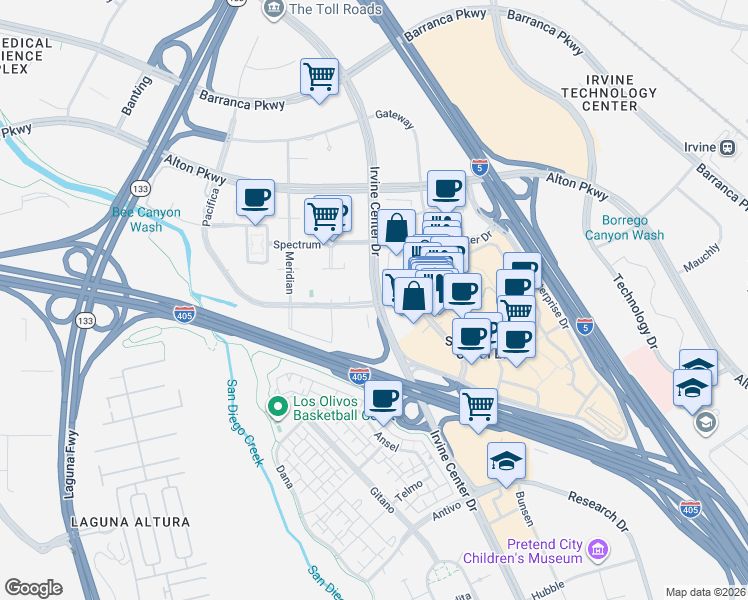 map of restaurants, bars, coffee shops, grocery stores, and more near 22161-22173 Irvine Center Drive in Irvine