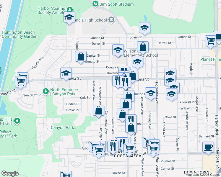 map of restaurants, bars, coffee shops, grocery stores, and more near 2109 Federal Avenue in Costa Mesa