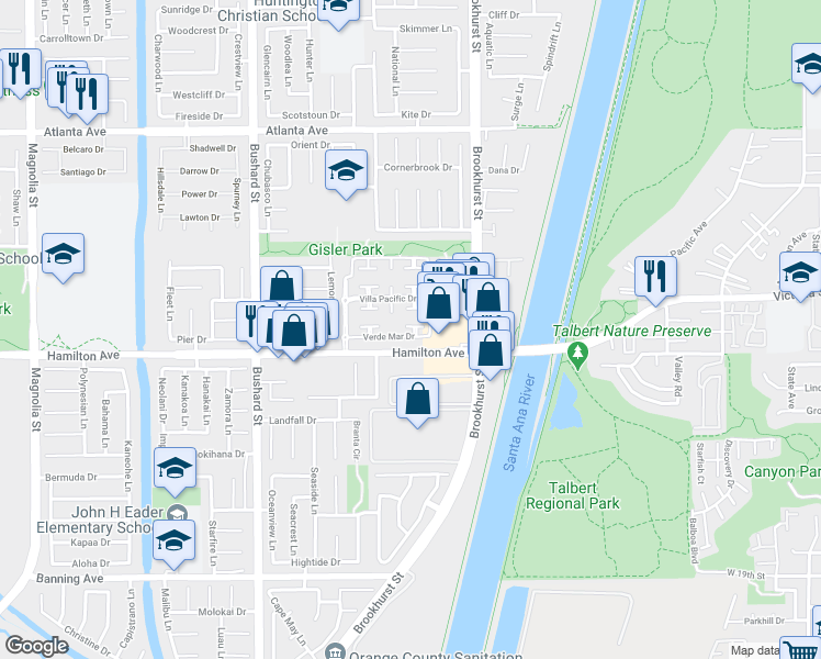 map of restaurants, bars, coffee shops, grocery stores, and more near 9862 Verde Mar Drive in Huntington Beach