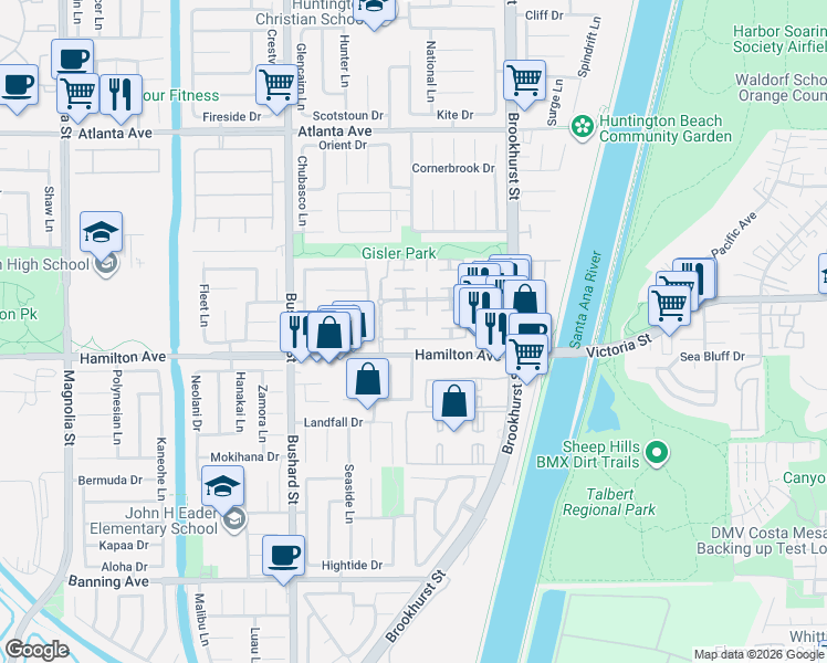 map of restaurants, bars, coffee shops, grocery stores, and more near in Huntington Beach