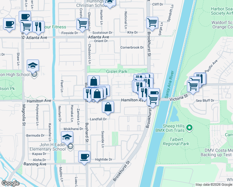 map of restaurants, bars, coffee shops, grocery stores, and more near 9682 Verde Mar Drive in Huntington Beach