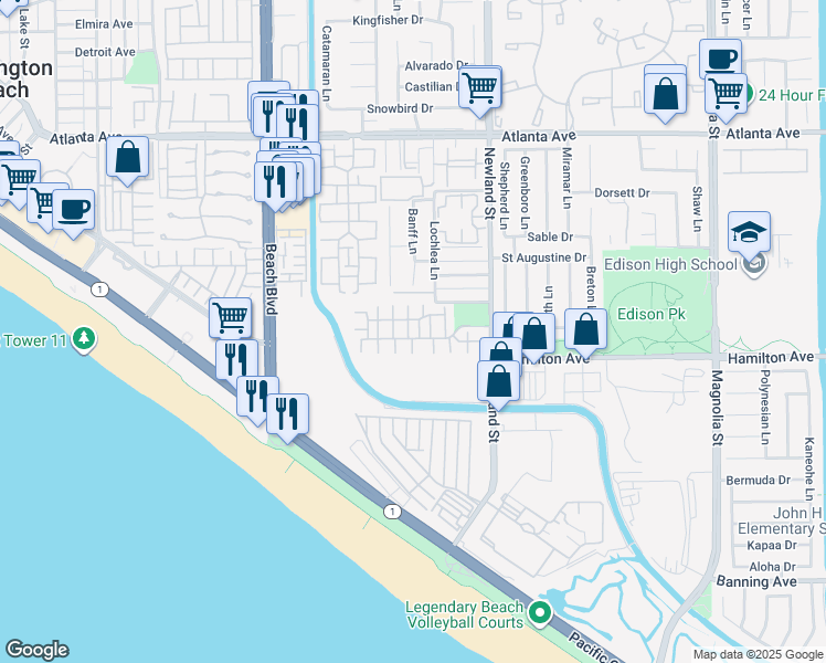 map of restaurants, bars, coffee shops, grocery stores, and more near 8318 Noelle Drive in Huntington Beach