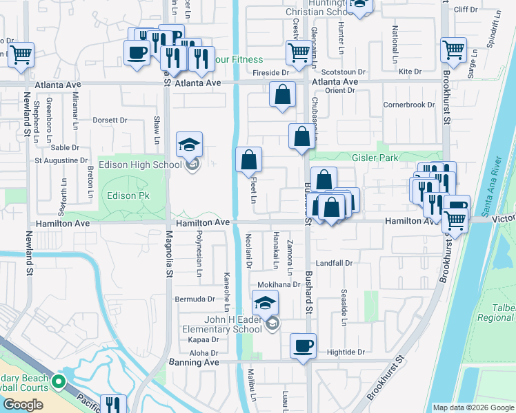 map of restaurants, bars, coffee shops, grocery stores, and more near 21441 Fleet Lane in Huntington Beach