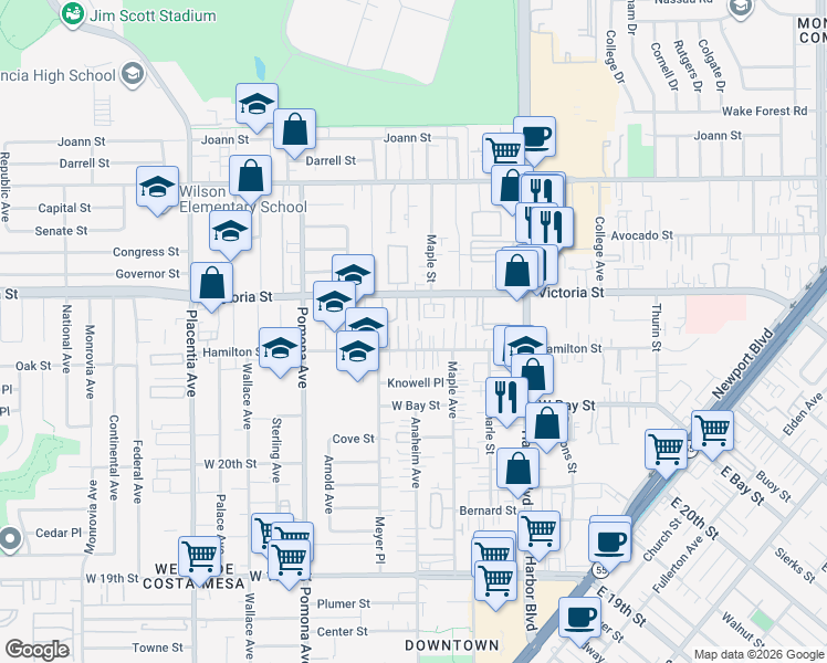 map of restaurants, bars, coffee shops, grocery stores, and more near in Costa Mesa