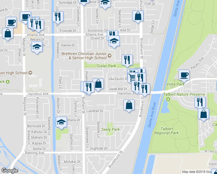 map of restaurants, bars, coffee shops, grocery stores, and more near 21436 Via Straits Lane in Huntington Beach