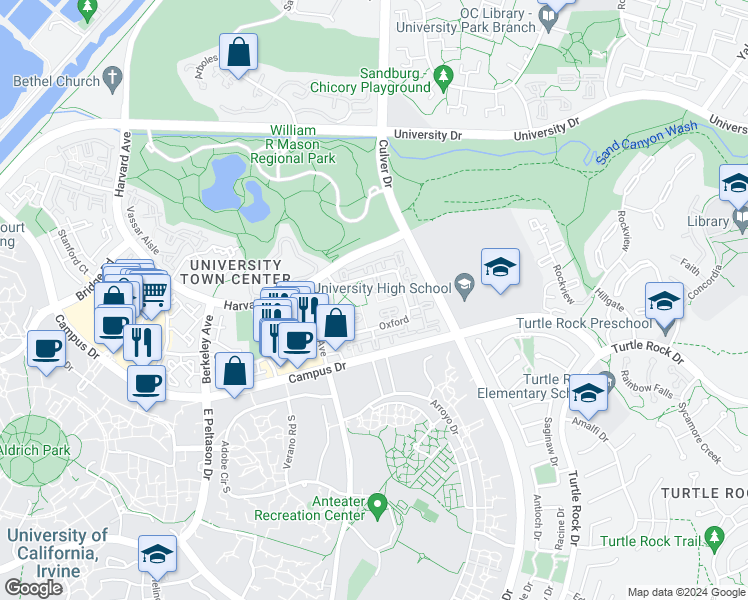 map of restaurants, bars, coffee shops, grocery stores, and more near 42 Columbia in Irvine
