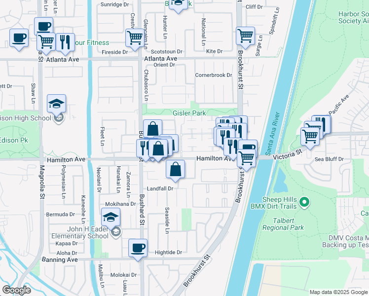 map of restaurants, bars, coffee shops, grocery stores, and more near 21436 Via Straits Lane in Huntington Beach