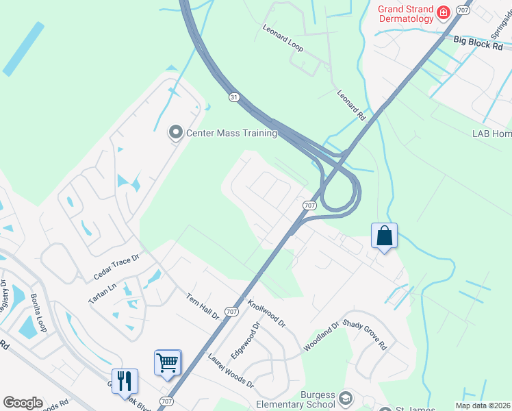 map of restaurants, bars, coffee shops, grocery stores, and more near 8220 South Carolina 707 in Myrtle Beach