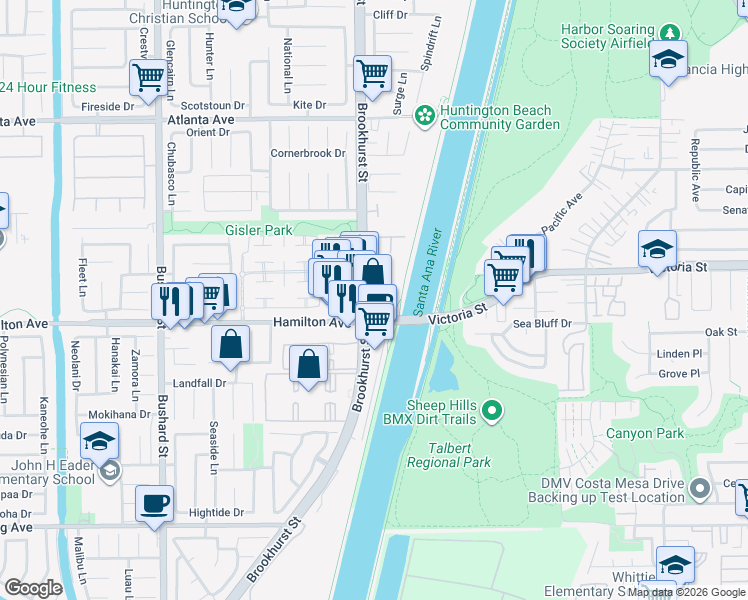map of restaurants, bars, coffee shops, grocery stores, and more near 1301-1351 Hamilton Avenue in Huntington Beach