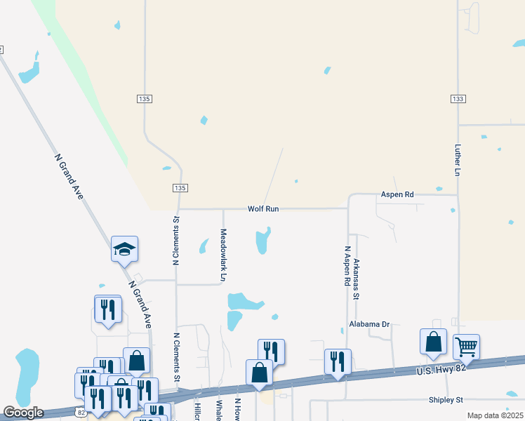 map of restaurants, bars, coffee shops, grocery stores, and more near 2100 Wolf Run in Gainesville