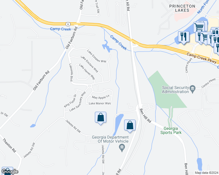 map of restaurants, bars, coffee shops, grocery stores, and more near 4038 Lake Manor Way in Atlanta
