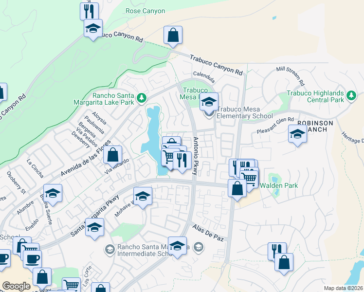 map of restaurants, bars, coffee shops, grocery stores, and more near 47 Vía Lavendera in Rancho Santa Margarita