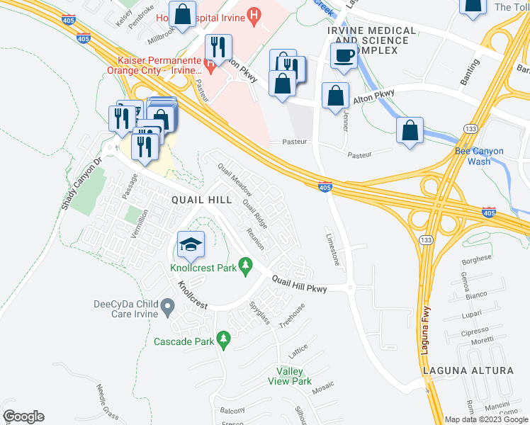 map of restaurants, bars, coffee shops, grocery stores, and more near 304 Quail Meadows in Irvine