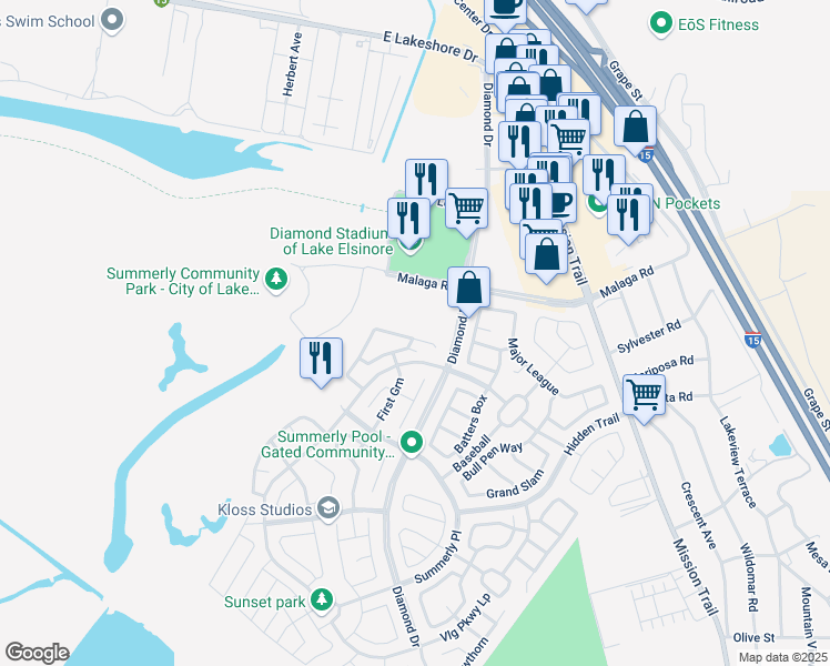 map of restaurants, bars, coffee shops, grocery stores, and more near 29326 Saint Andrews in Lake Elsinore