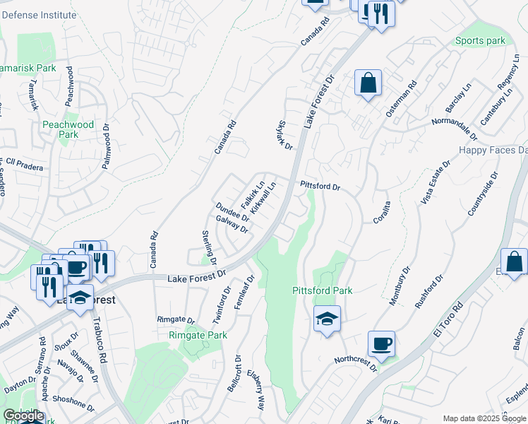 map of restaurants, bars, coffee shops, grocery stores, and more near 26121 Connemara Court in Lake Forest