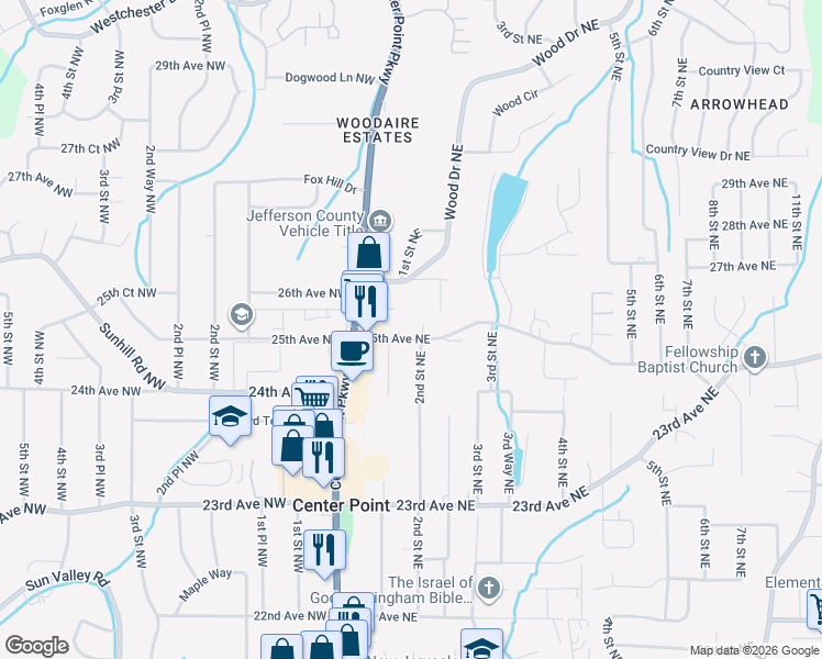 map of restaurants, bars, coffee shops, grocery stores, and more near 112 25th Avenue Northeast in Center Point