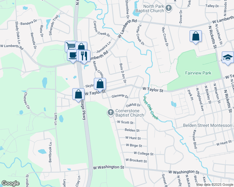 map of restaurants, bars, coffee shops, grocery stores, and more near 1826 Glenway Drive in Sherman