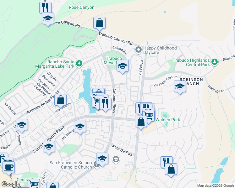 map of restaurants, bars, coffee shops, grocery stores, and more near 3 Orchid in Rancho Santa Margarita