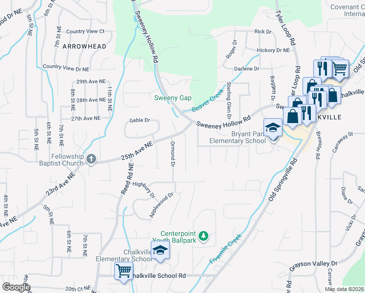 map of restaurants, bars, coffee shops, grocery stores, and more near 2424 Debbie Drive in Center Point