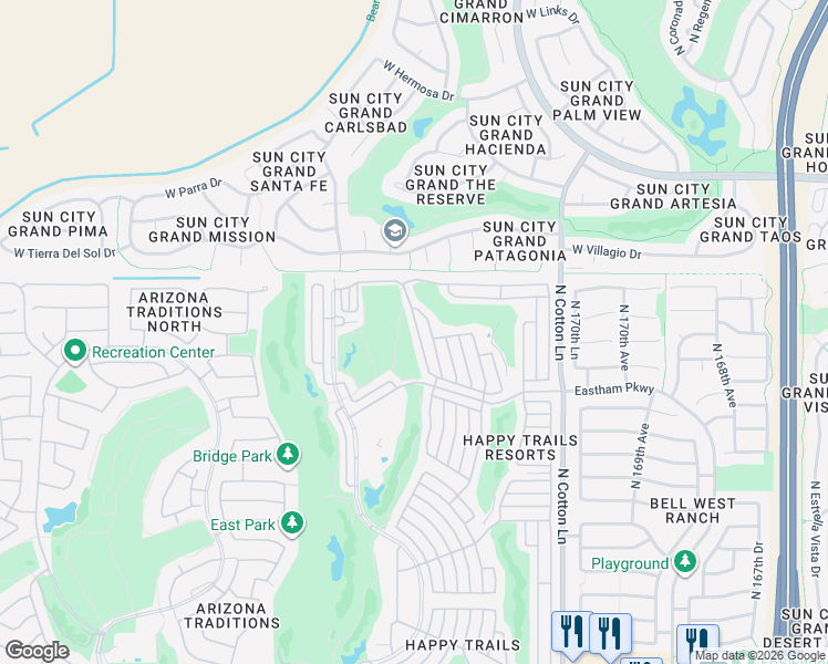 map of restaurants, bars, coffee shops, grocery stores, and more near 17200 West Bell Road in Surprise
