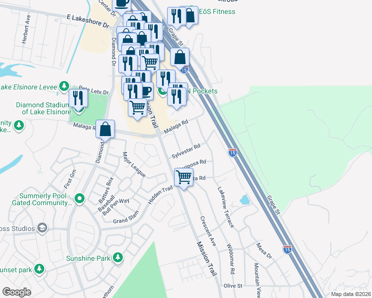 map of restaurants, bars, coffee shops, grocery stores, and more near 20890 Sylvester Road in Lake Elsinore