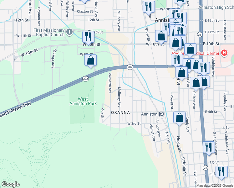map of restaurants, bars, coffee shops, grocery stores, and more near 512 Mulberry Avenue in Anniston