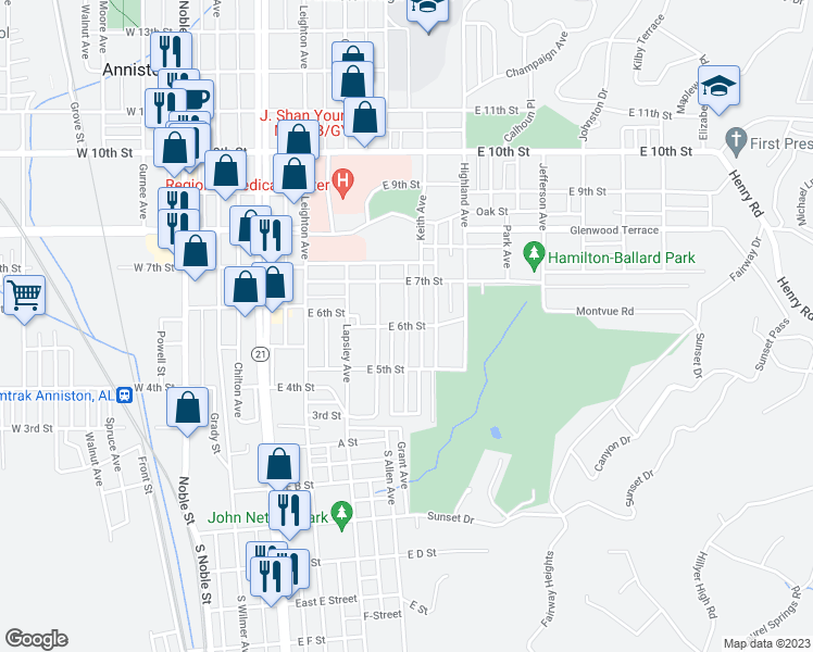 map of restaurants, bars, coffee shops, grocery stores, and more near 598 East 6th Street in Anniston