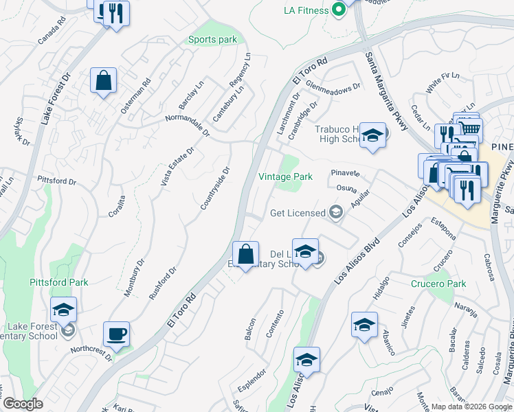 map of restaurants, bars, coffee shops, grocery stores, and more near 21422 Brandy Wine Lane in Lake Forest