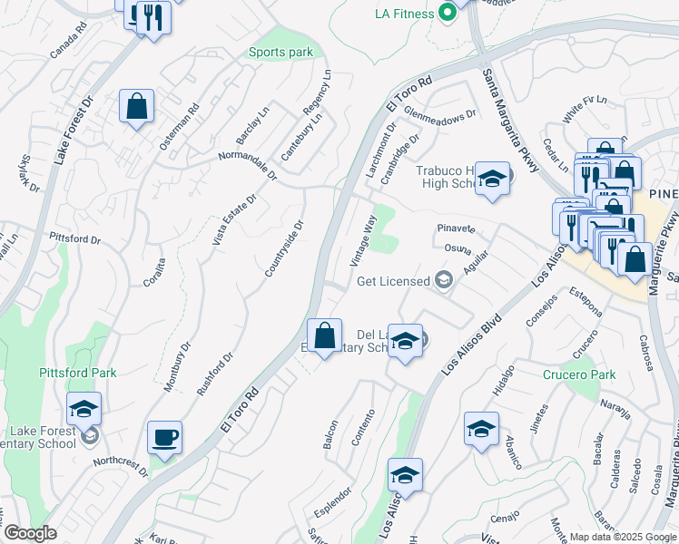 map of restaurants, bars, coffee shops, grocery stores, and more near 21422 Brandy Wine Lane in Lake Forest