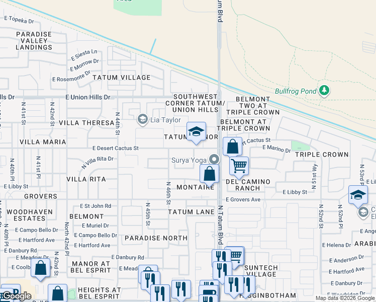 map of restaurants, bars, coffee shops, grocery stores, and more near 4646 East Villa Rita Drive in Phoenix