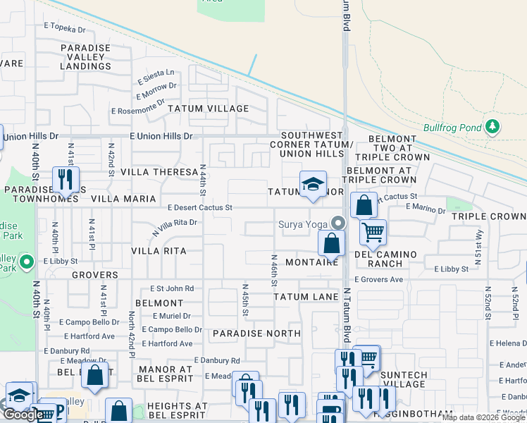 map of restaurants, bars, coffee shops, grocery stores, and more near 4550 East Villa Rita Drive in Phoenix