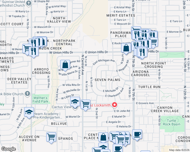 map of restaurants, bars, coffee shops, grocery stores, and more near 18205 North 1st Place in Phoenix