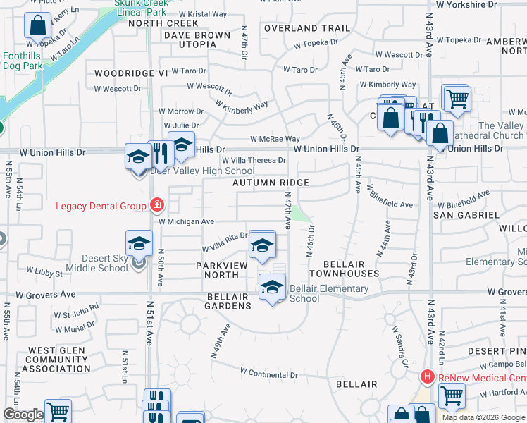 map of restaurants, bars, coffee shops, grocery stores, and more near 4744 West Michigan Avenue in Glendale