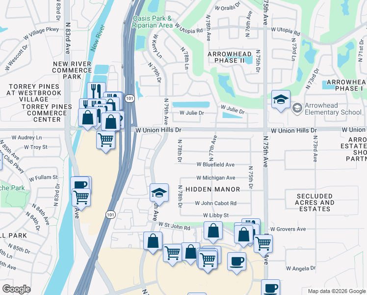 map of restaurants, bars, coffee shops, grocery stores, and more near 7727 West Wagoner Road in Glendale