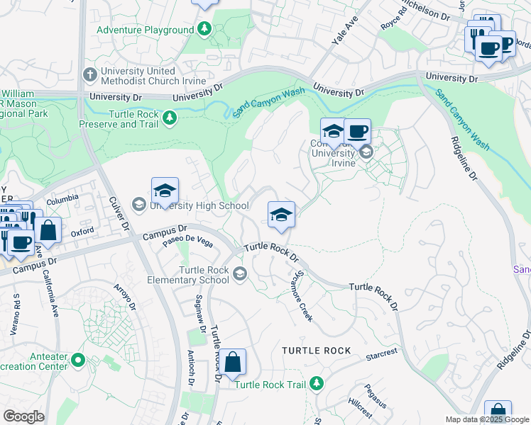 map of restaurants, bars, coffee shops, grocery stores, and more near 44 Rocky Knoll in Irvine