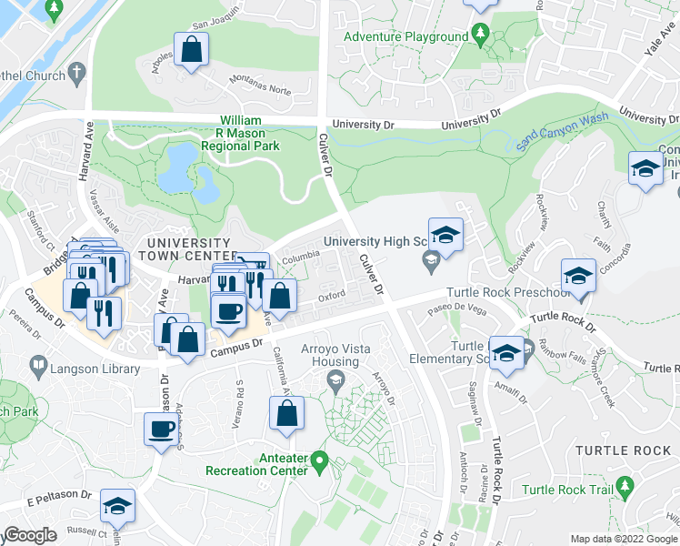 map of restaurants, bars, coffee shops, grocery stores, and more near 110 Wellesley in Irvine