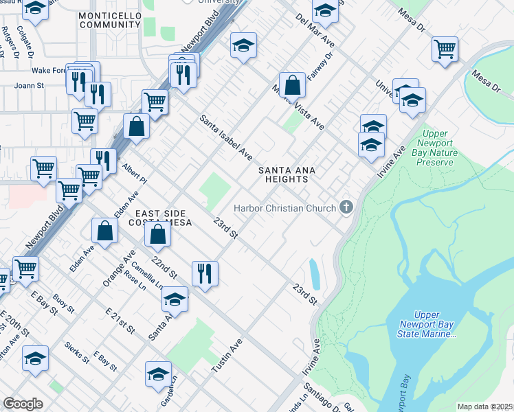 map of restaurants, bars, coffee shops, grocery stores, and more near 2350 Santa Ana Avenue in Costa Mesa